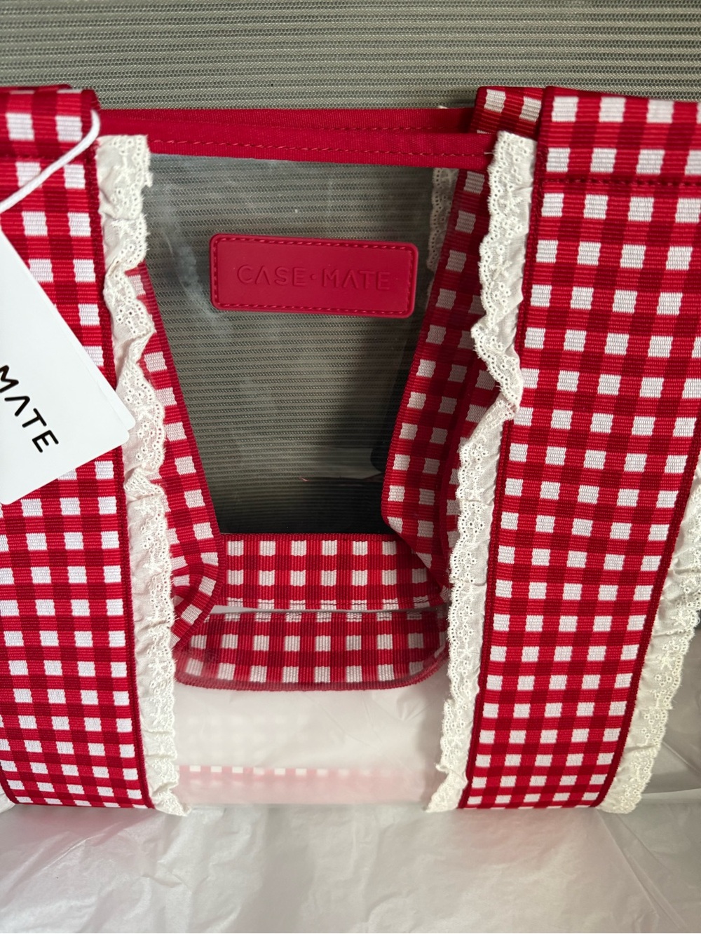Case-Mate Red Gingham Straps and White Lace Trim Tote - Picture 2 of 3